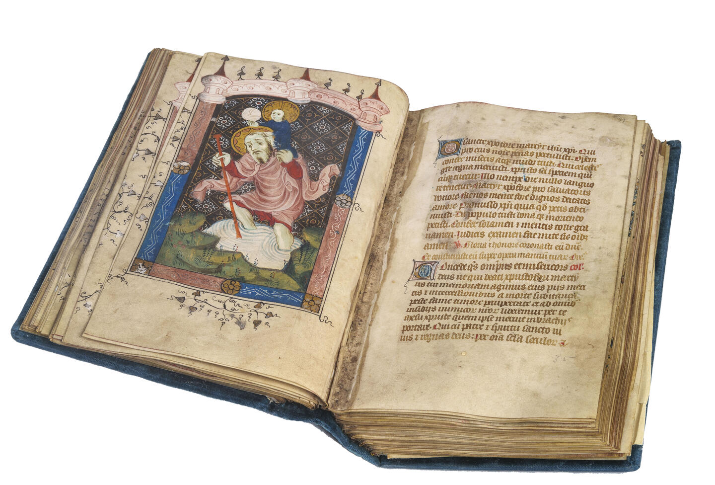 The Lubbock Hours (Use of Sarum) with a Missal fragment - f. 38v, Saint Christopher carrying the Christ Child&nbsp;across a river,&nbsp;In Latin, illuminated manuscript on parchment,&nbsp;Bruges (?), 1390s or c. 1400 and England, c. 1400. Courtesy:&nbsp;Les Enluminures